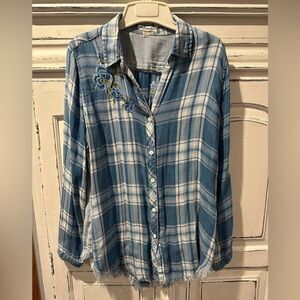 Blue Plaid Button-Up Shirt with Embroidery